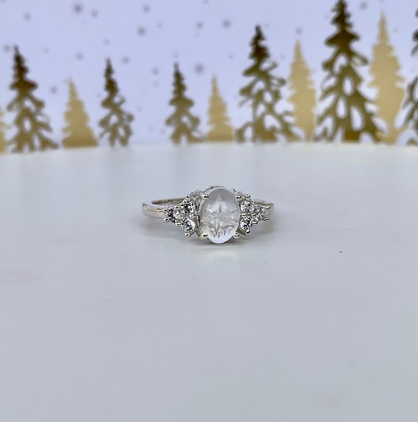 925 Pure Silver White Crystal Quartz Star Gemstone Ring