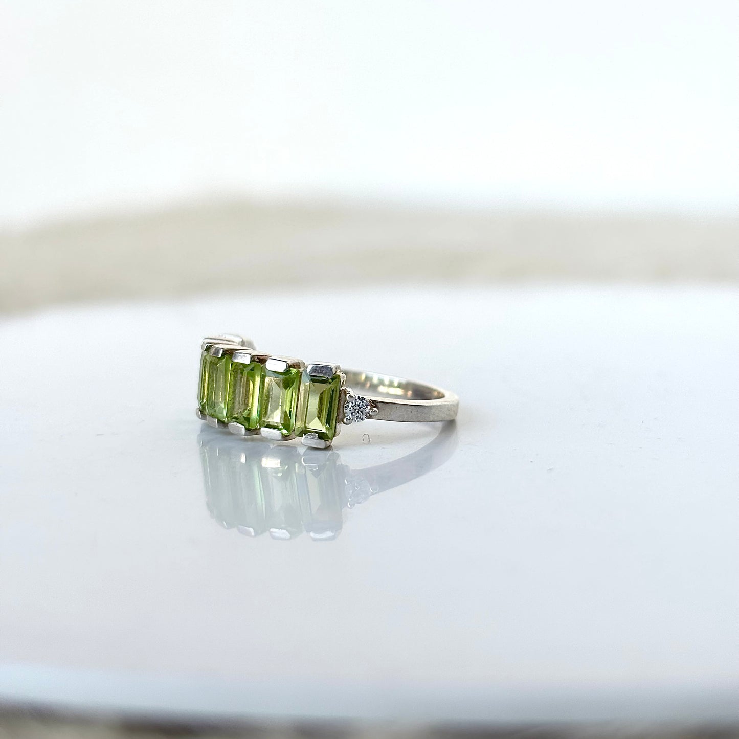 Natural Peridot Baguette 925 Pure Silver Band Ring (Certified)