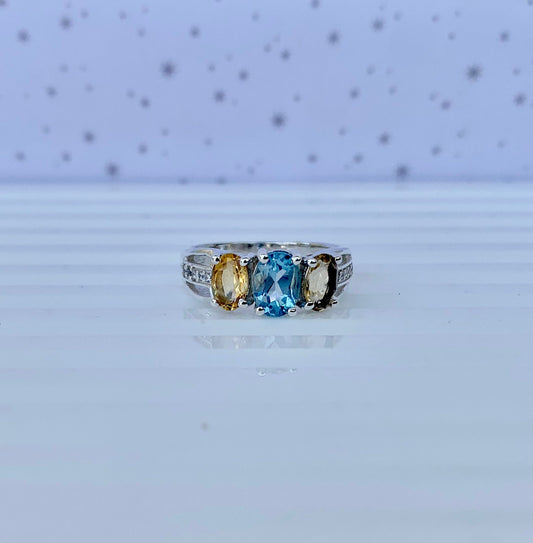 925 Pure Silver Multi-Gemstone Natural Blue Topaz, Citrine Ring