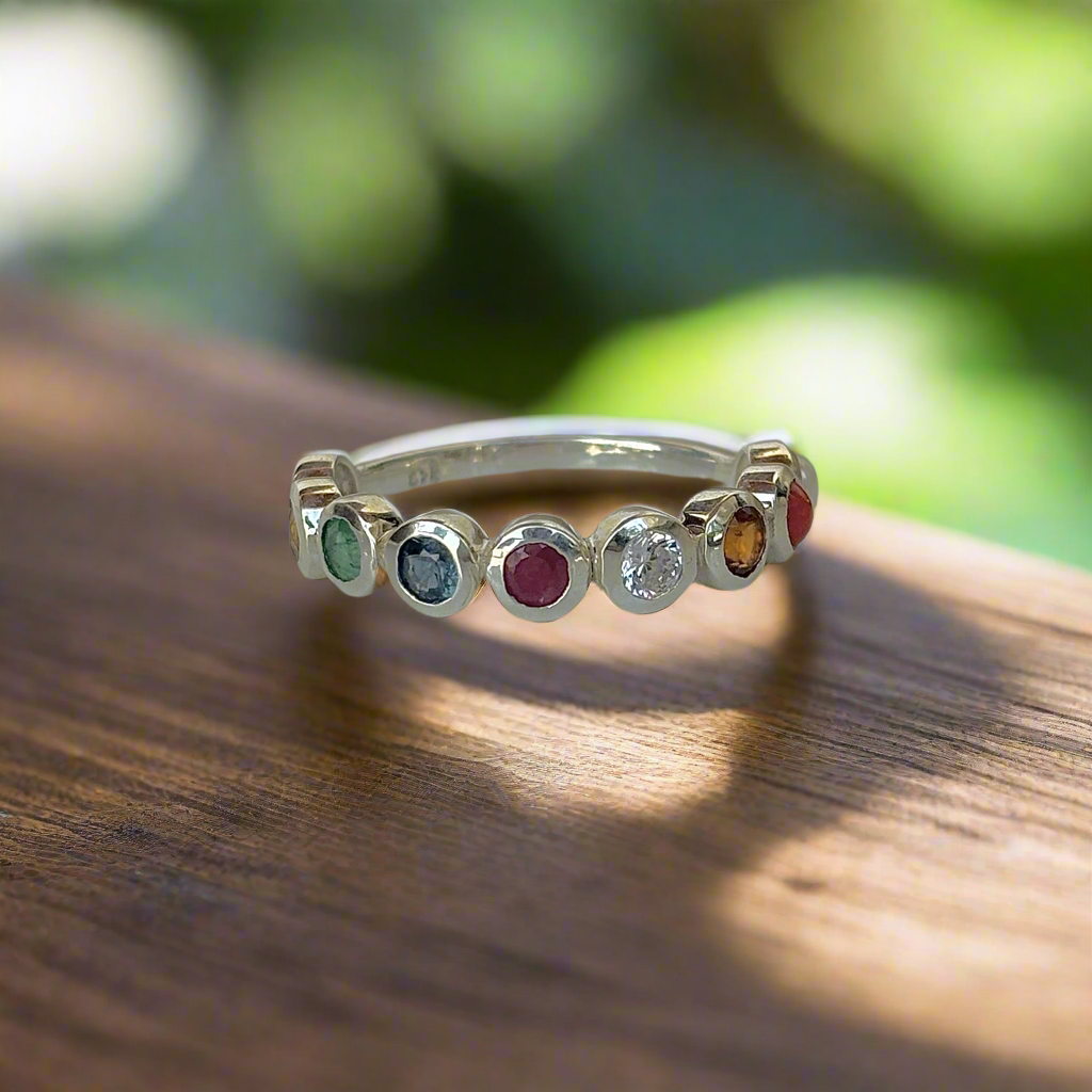 925 Pure Silver Natural Gemstone Navratan Ring