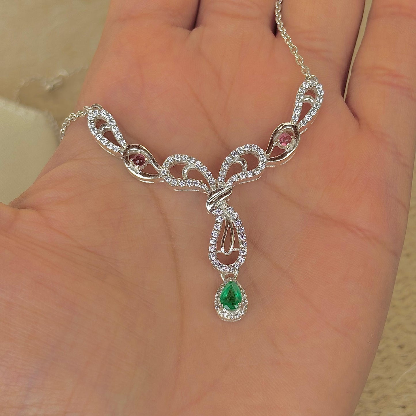 925 Pure Silver Natural Emerald Statement Necklace