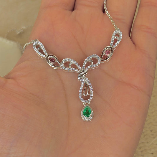 925 Pure Silver Natural Emerald Statement Necklace