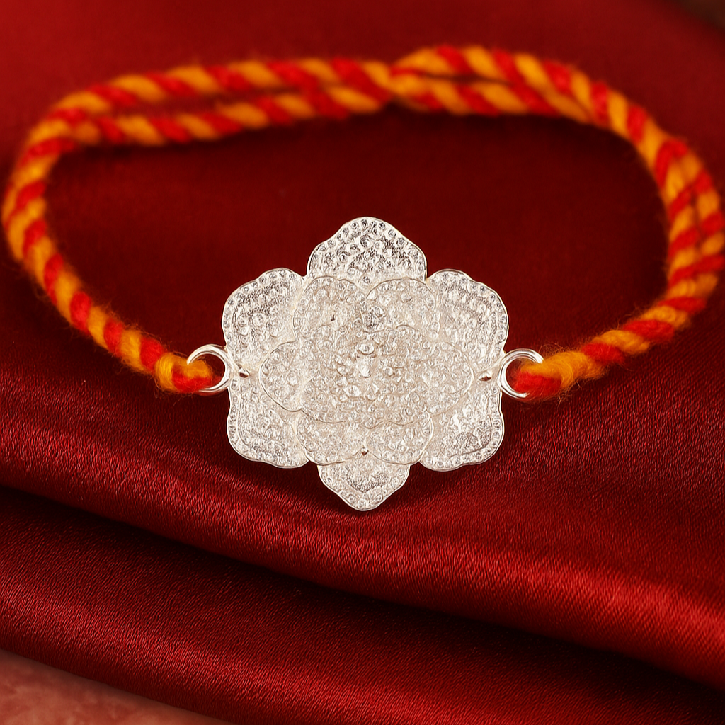 Premium 925 Pure Silver Rakhi with Traditional Thread – Floral
