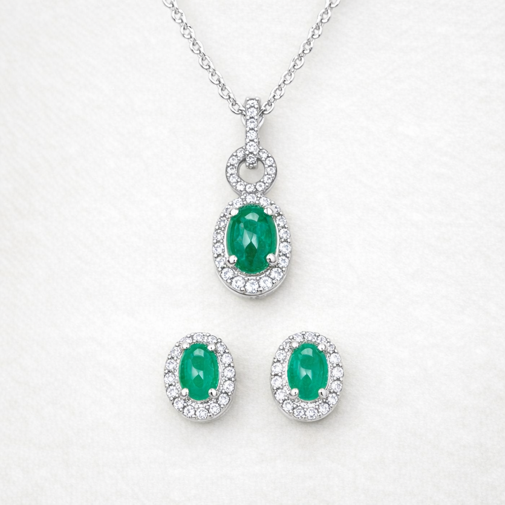 Natural Emerald Pendant & Earrings Set In 925 Pure Silver (Certified)