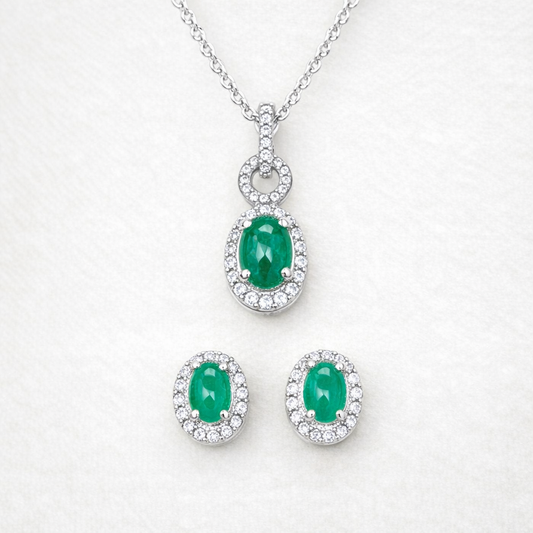 Natural Emerald Pendant & Earrings Set In 925 Pure Silver (Certified)