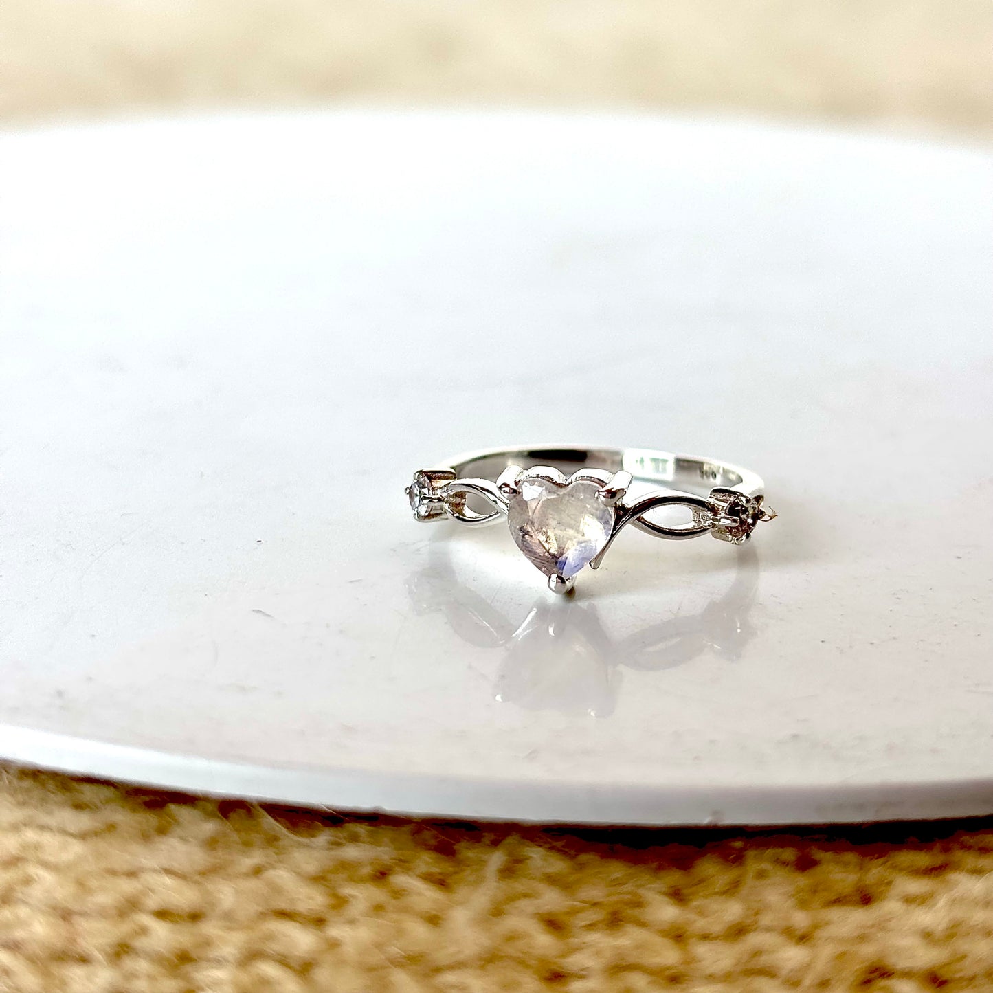 Natural Heart Shape Moonstone Pure Silver Ring (Certified)