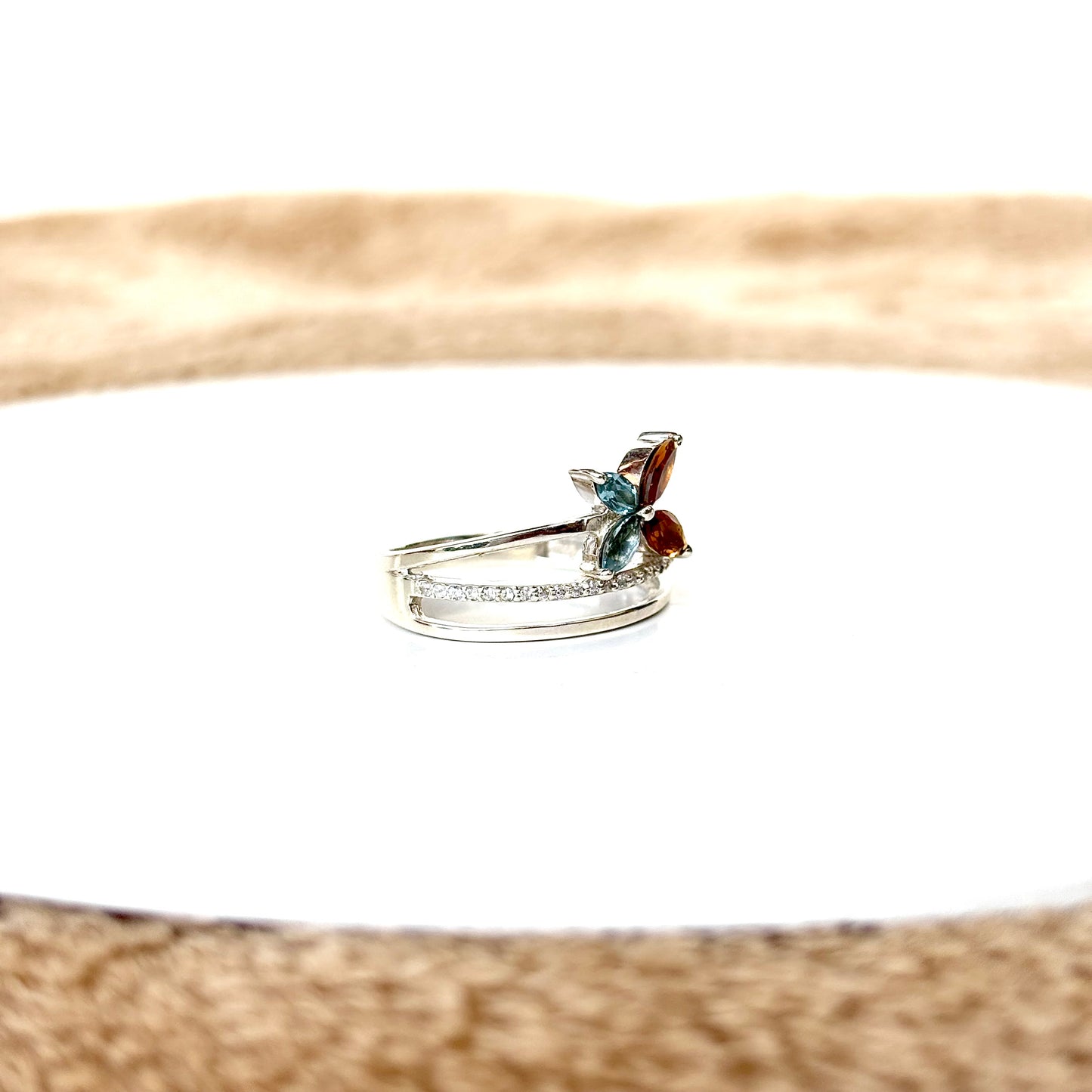 925 Sterling Silver Natural Blue Topaz & Citrine Butterfly Ring