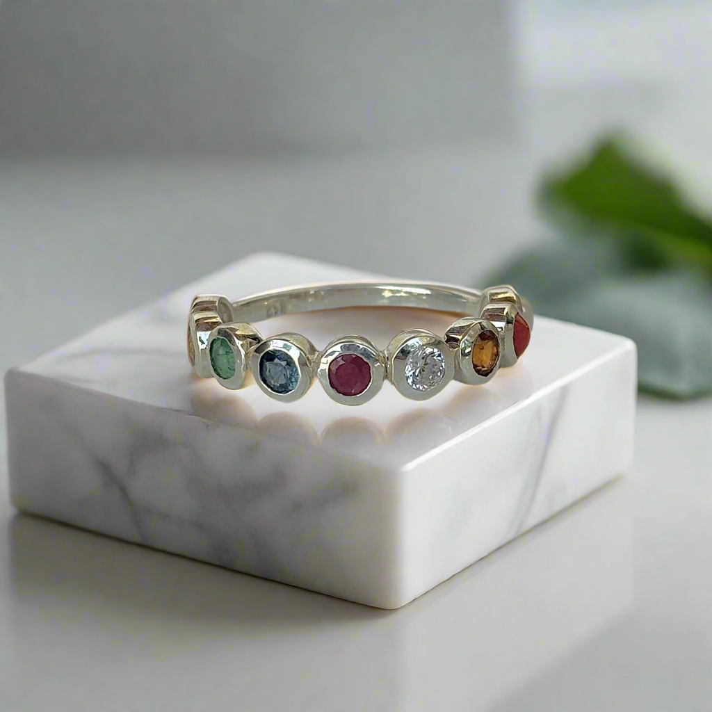 925 Pure Silver Natural Gemstone Navratan Ring
