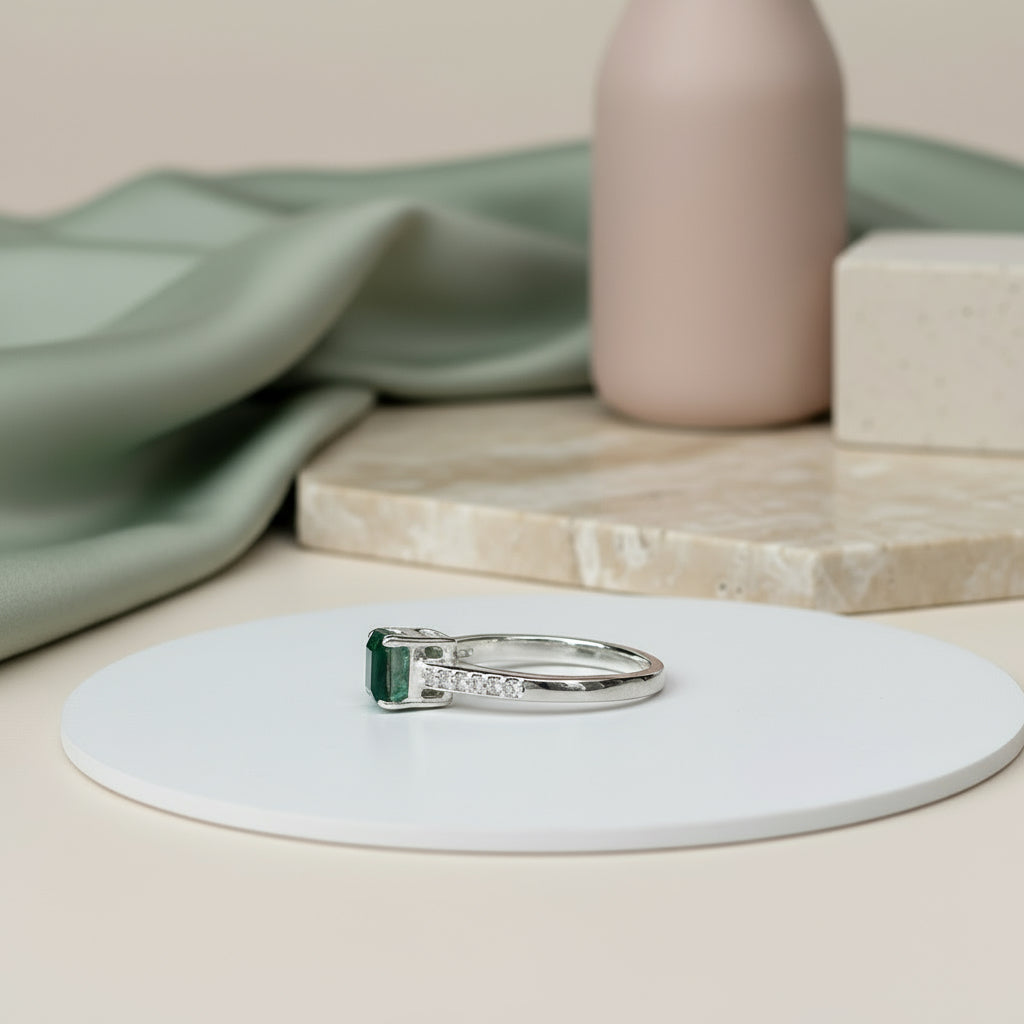 925 Silver Emerald Quartz Green Stone Ring