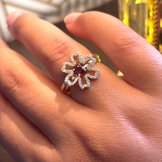 Natural Garnet Flower Two in One 925 Pure Silver Ring (Certified)