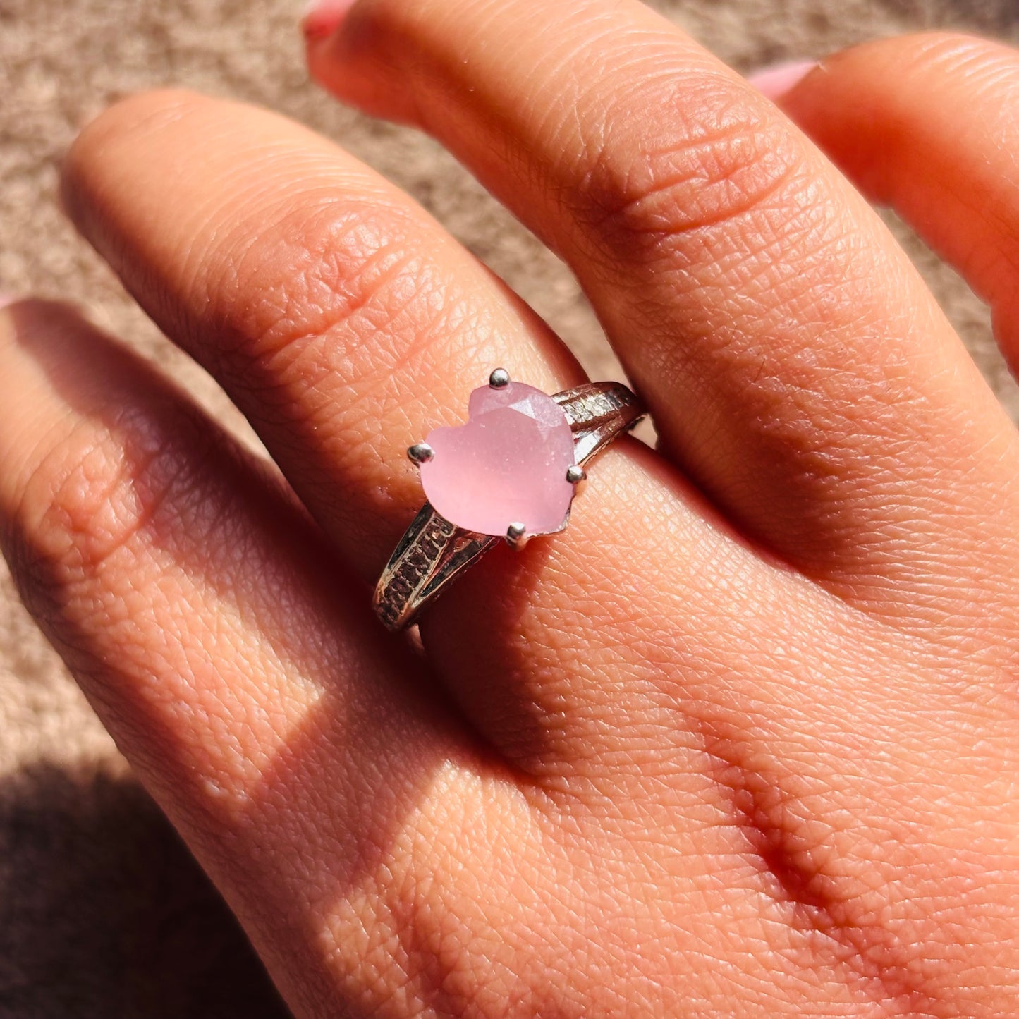 Natural Rose Quartz Heart 925 Pure Silver Ring (Certified)