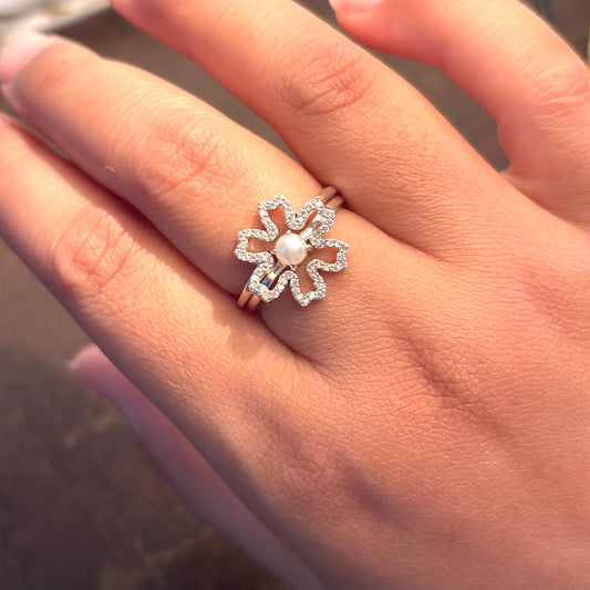 Natural Pearl Flower Two in One 925 Pure Silver Ring (Certified)