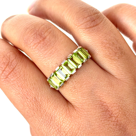 Natural Peridot Baguette 925 Pure Silver Band Ring (Certified)