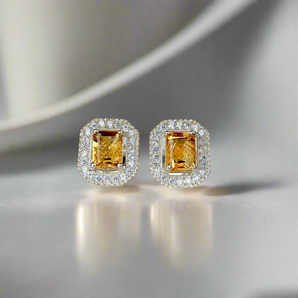 925 Pure Silver Natural Emerald Cut Citrine Earrings