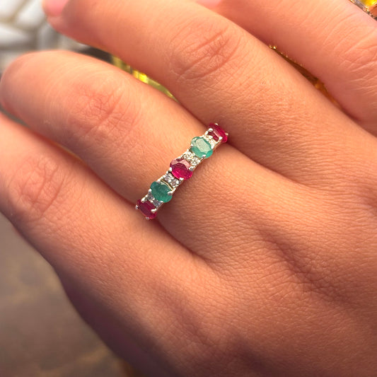 Natural Emerald & Ruby 925 Silver Band Ring (Certified)