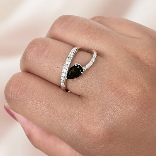 Natural Green Tourmaline Pear-Shaped 925 Pure Silver Ring (Certified)