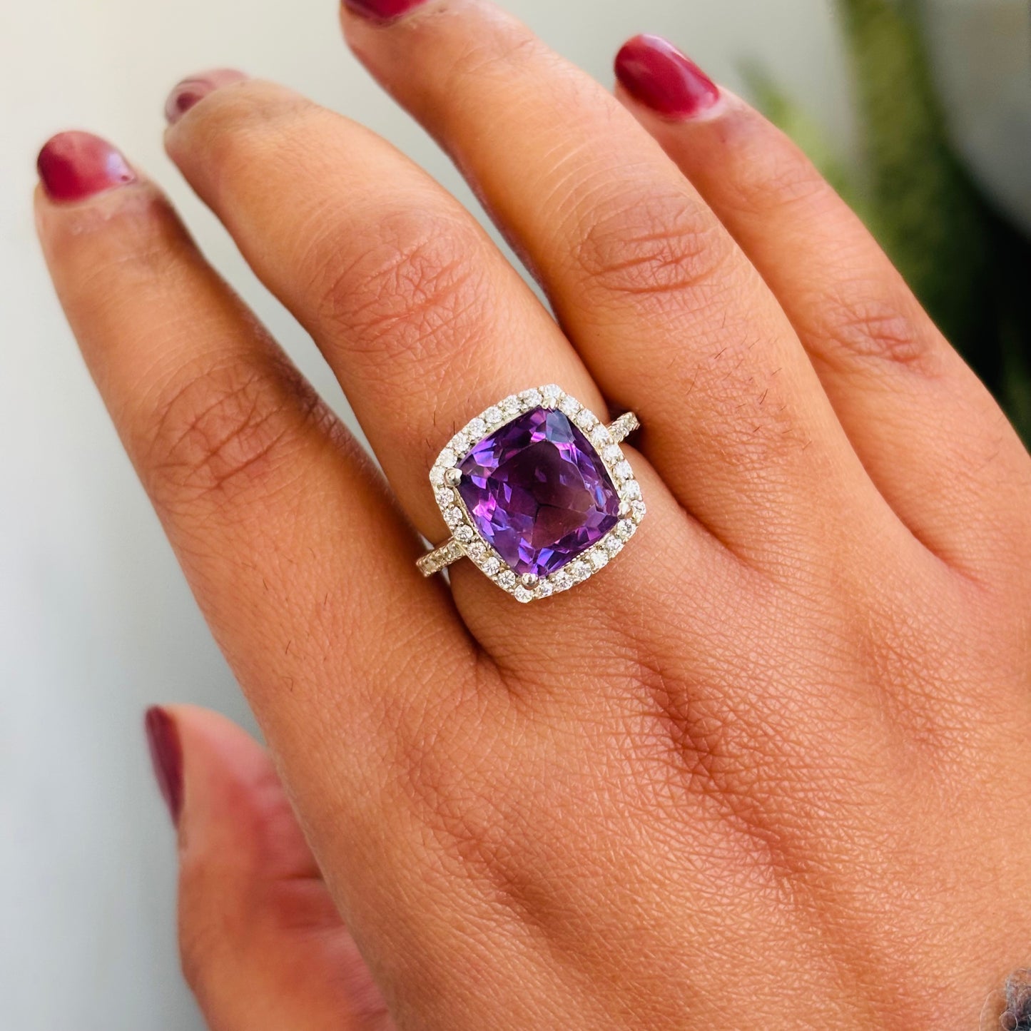 Natural Amethyst 925 Pure Silver Halo Ring (Certified)
