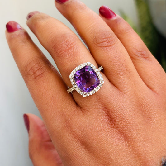 Natural Amethyst 925 Pure Silver Halo Ring (Certified)