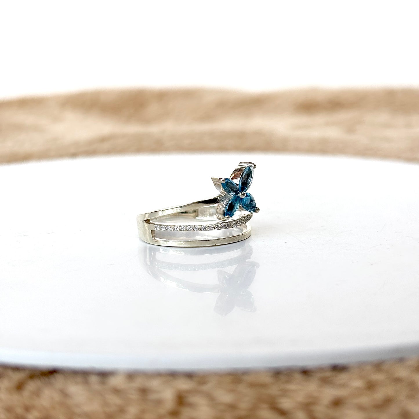 925 Pure Silver Natural Blue Topaz Butterfly Ring