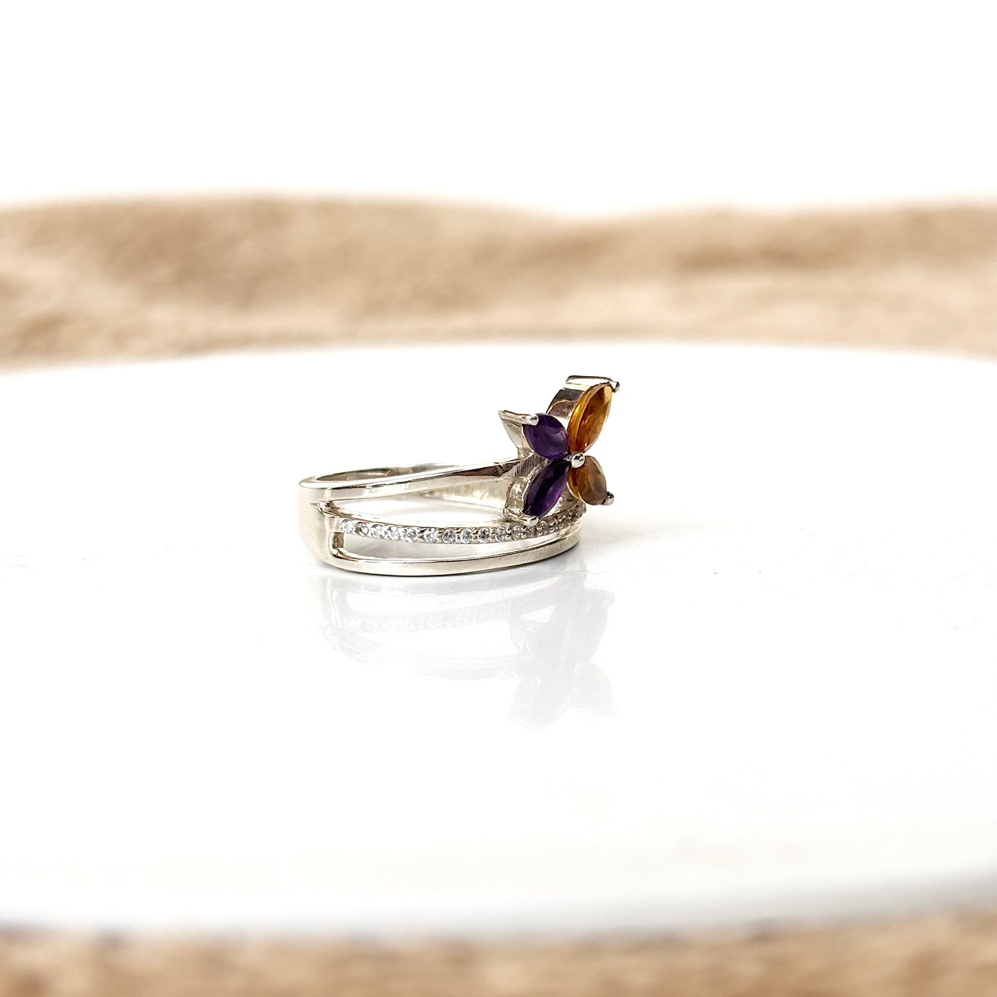 925 Pure Silver Natural Amethyst & Citrine Butterfly Ring