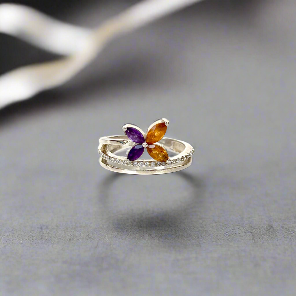 925 Pure Silver Natural Amethyst & Citrine Butterfly Ring