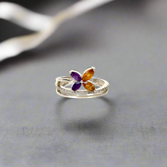 925 Pure Silver Natural Amethyst & Citrine Butterfly Ring