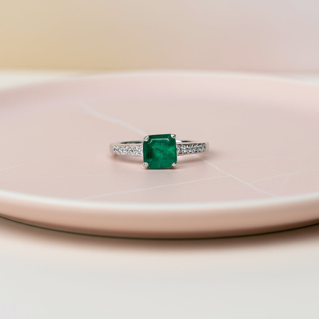 925 Silver Emerald Quartz Green Stone Ring