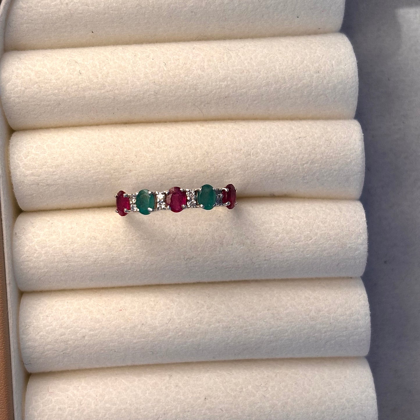 Natural Emerald & Ruby 925 Silver Band Ring (Certified)