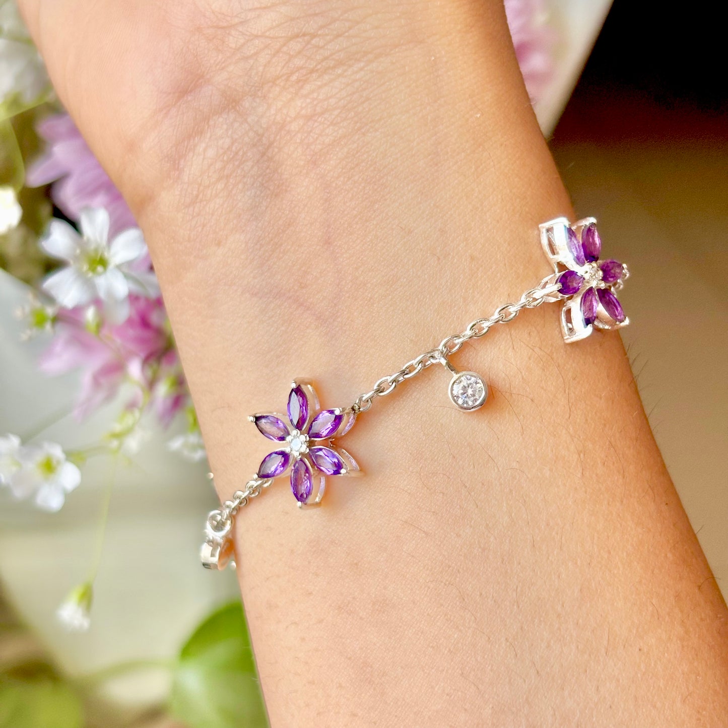 Natural Amethyst Floral 925 Pure Silver Bracelet(Certified)