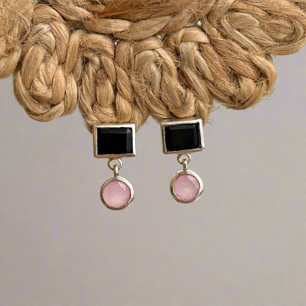 Elegant 925 Pure Silver Natural Black Onyx and Rose Quartz Earrings for Women