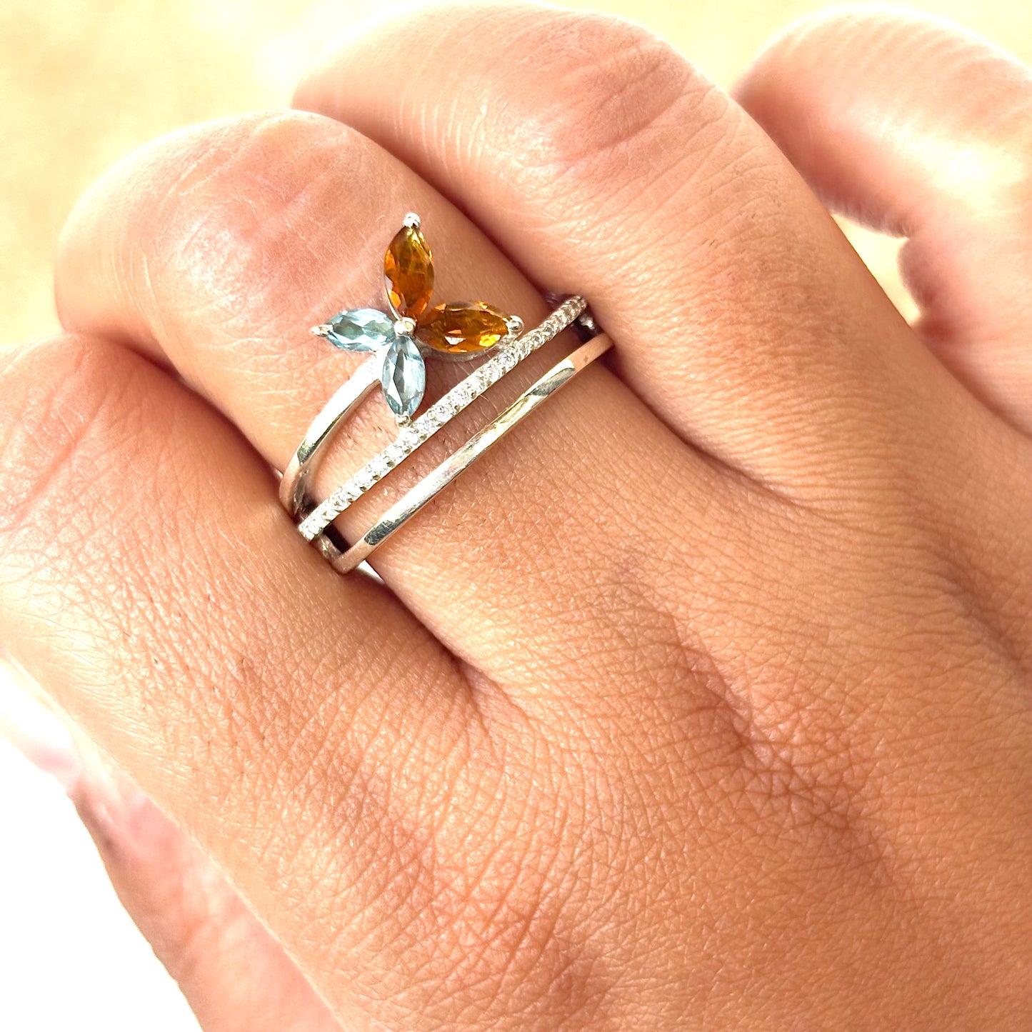 925 Sterling Silver Natural Blue Topaz & Citrine Butterfly Ring