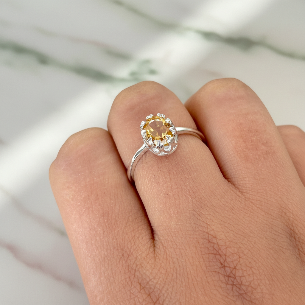 Natural Citrine 925 Pure Silver Oval Cut Ring (Certified)