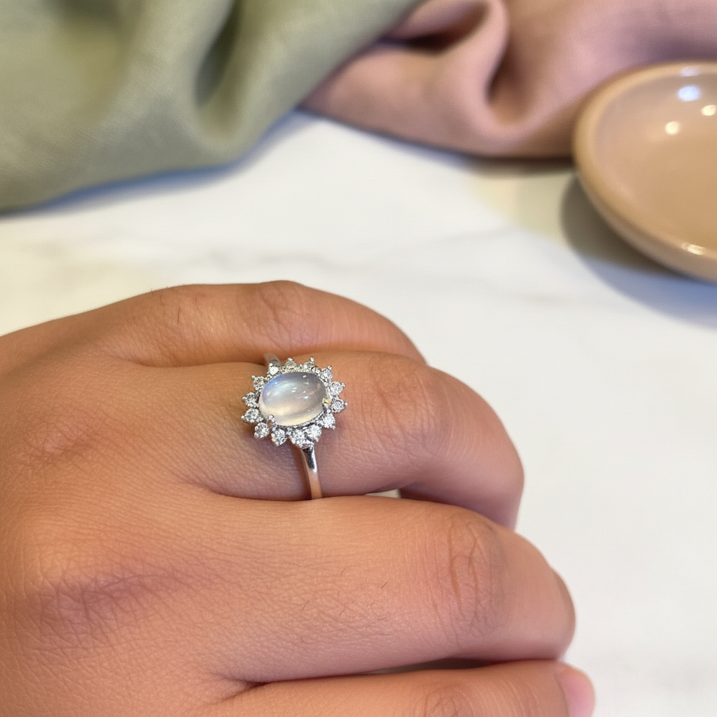 Natural Rainbow Moonstone 925 Pure Silver Princess Ring
