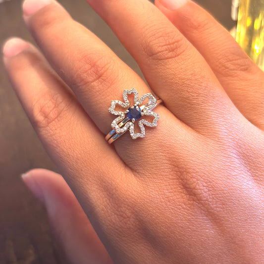 Natural Blue Sapphire Flower two in one 925 Pure Silver Ring (Certified)