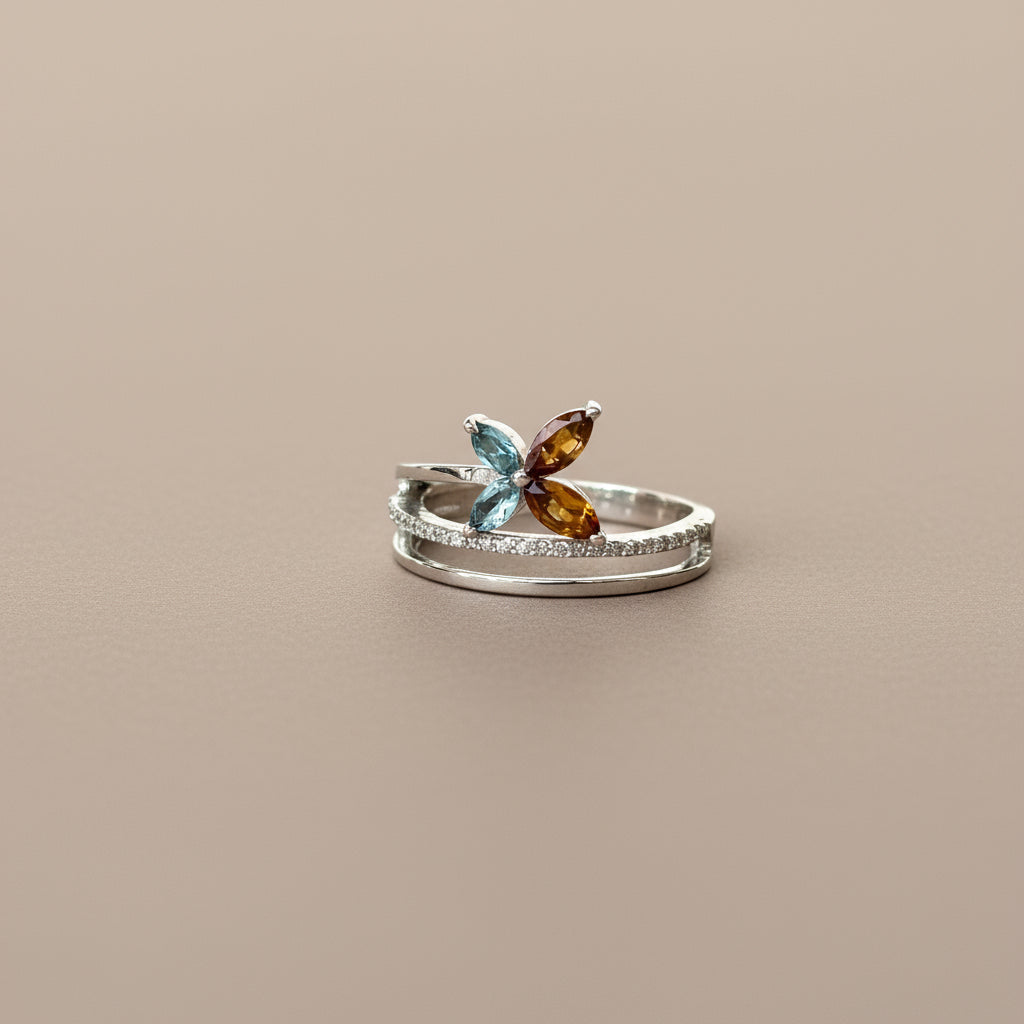 925 Sterling Silver Natural Blue Topaz & Citrine Butterfly Ring