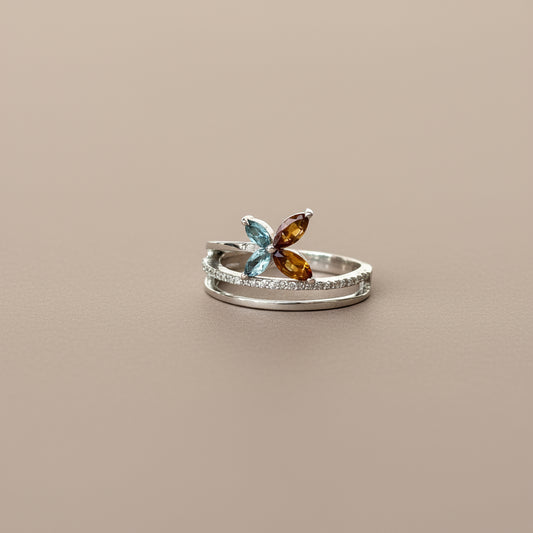 925 Sterling Silver Natural Blue Topaz & Citrine Butterfly Ring