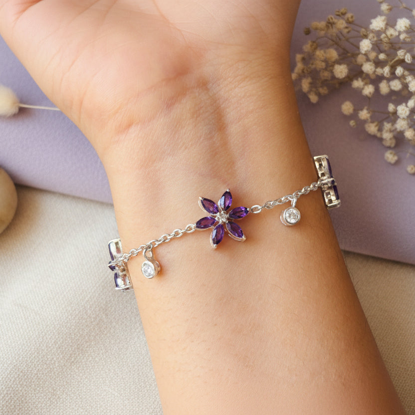 Natural Amethyst Floral 925 Pure Silver Bracelet(Certified)