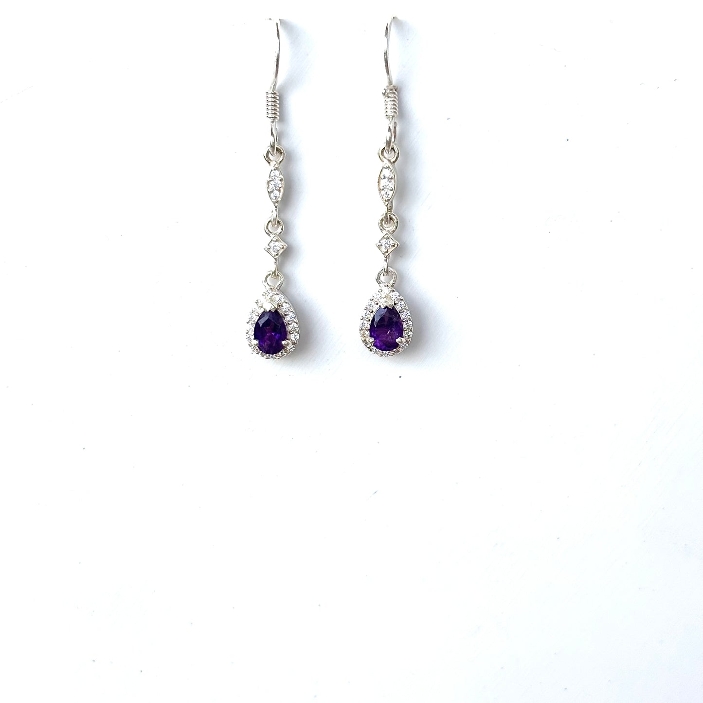 925 Pure Silver Natural Pear Amethyst Drop Earrings