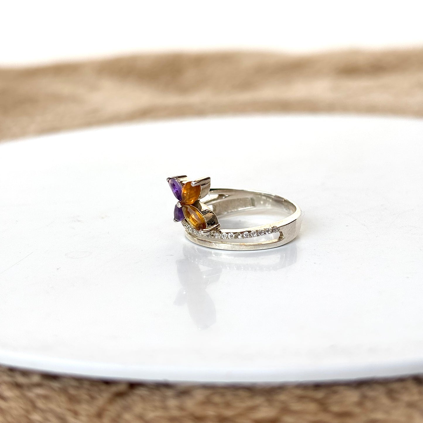 925 Pure Silver Natural Amethyst & Citrine Butterfly Ring
