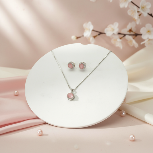 Natural Rose Quartz Sterling Silver Pendant Set with earrings