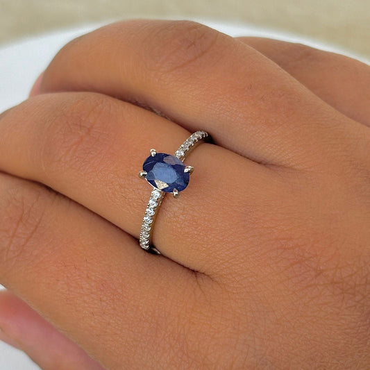 Natural Blue Sapphire 925 Pure Silver Oval Cut Ring (Certified)