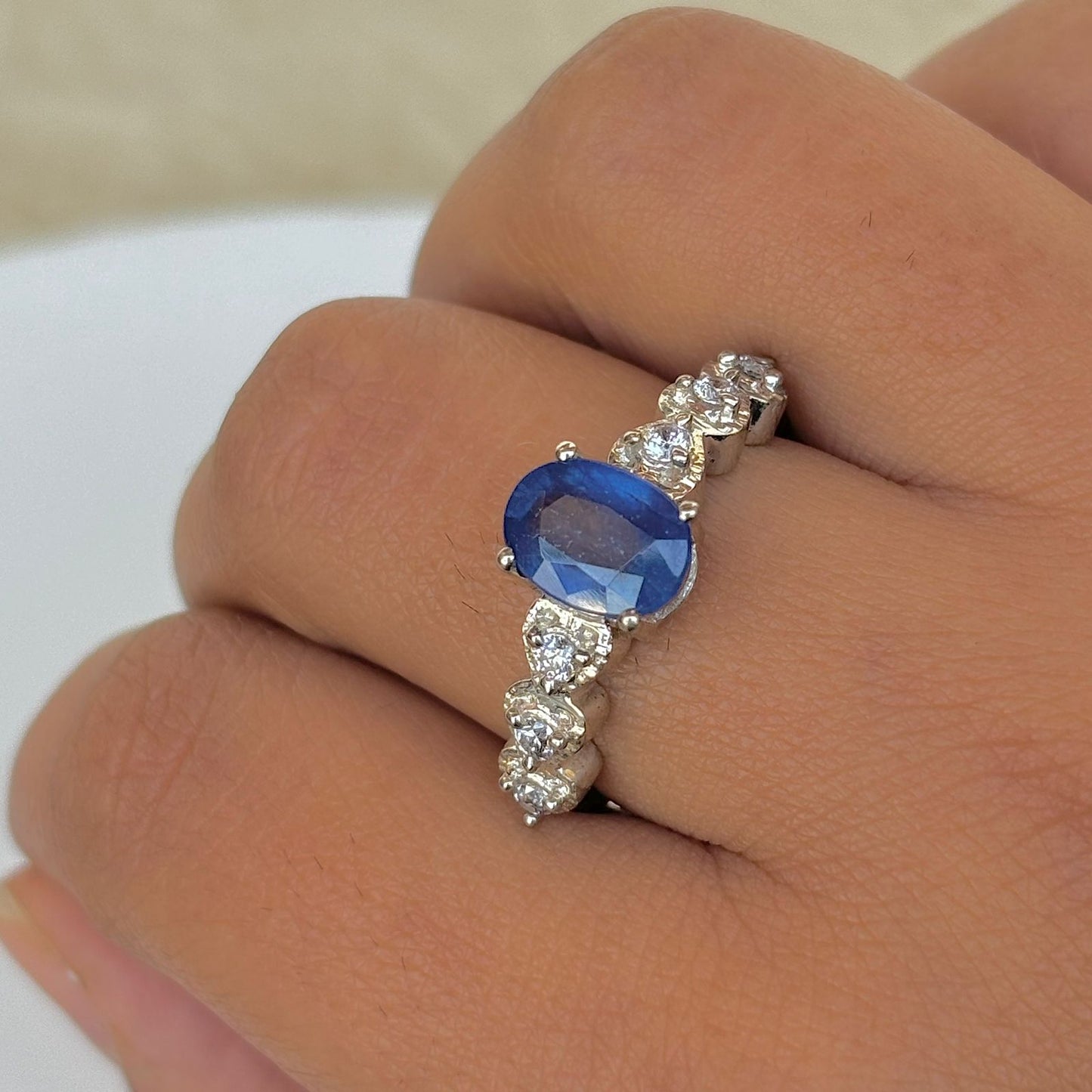 Natural Blue Sapphire Oval Cut 925 Pure Silver Ring
