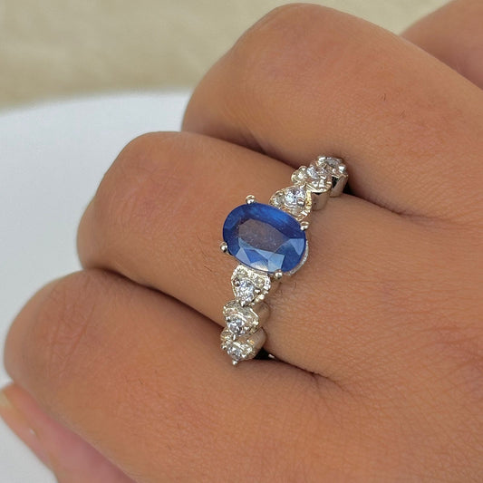 Natural Blue Sapphire Oval Cut 925 Pure Silver Ring (Certified)