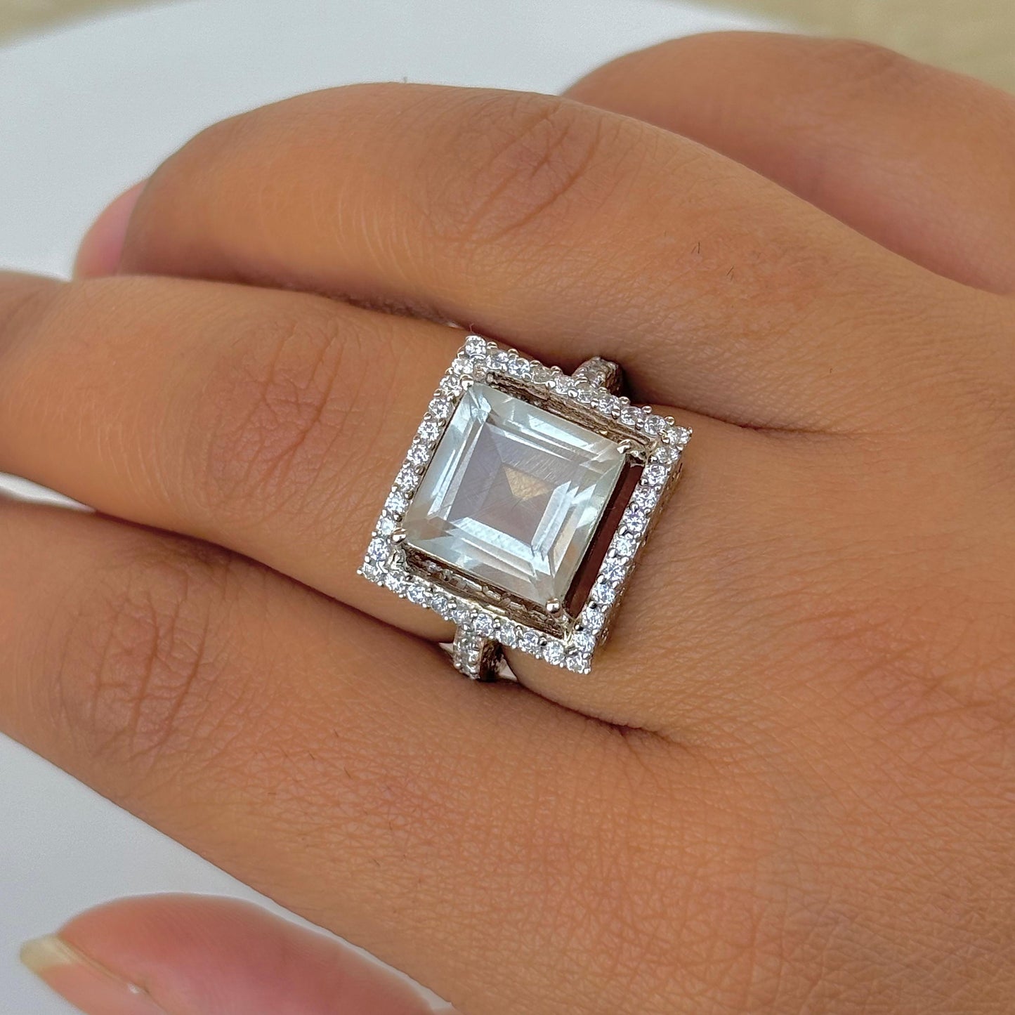 925 Pure Silver Natural Green Amethyst Promise Engagement Ring