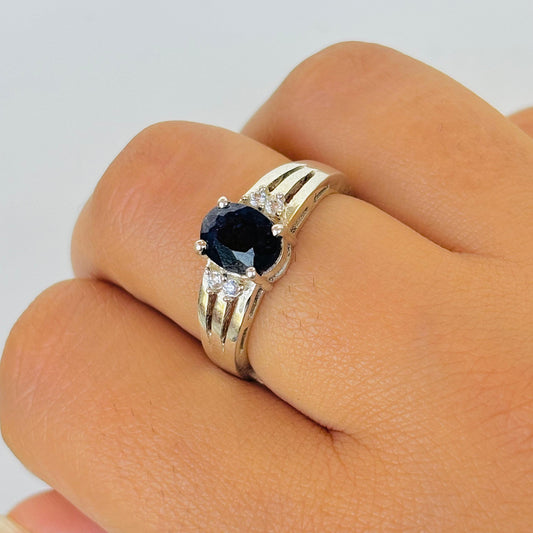Natural Blue Sapphire Oval Cut 925 Pure Silver Statement Ring (Certified)