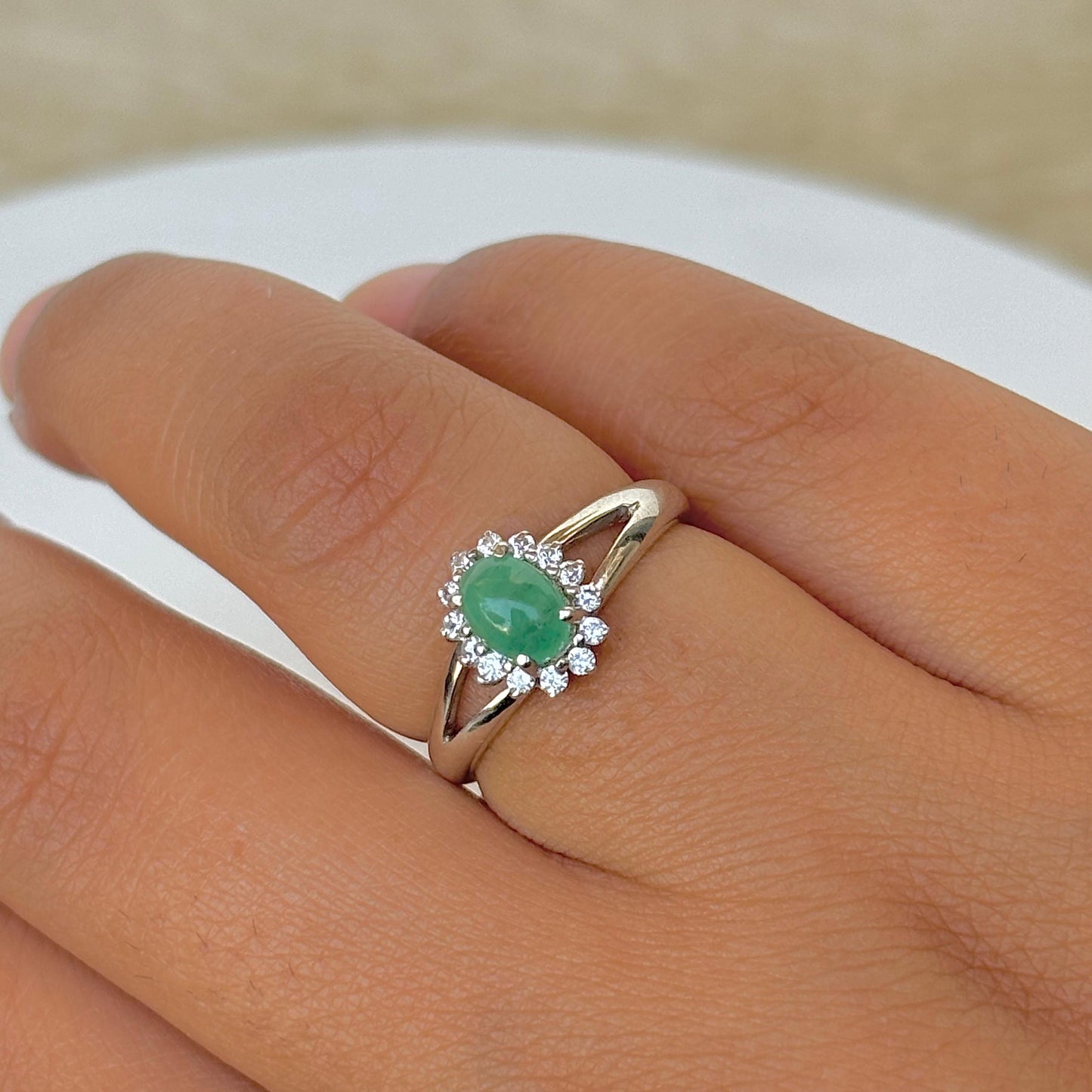 925 Pure Silver Oval Cut Natural Emerald Ring