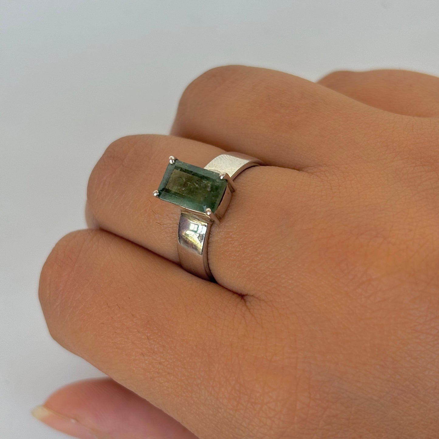 925 Pure Silver Baguette-Cut Natural Emerald Ring