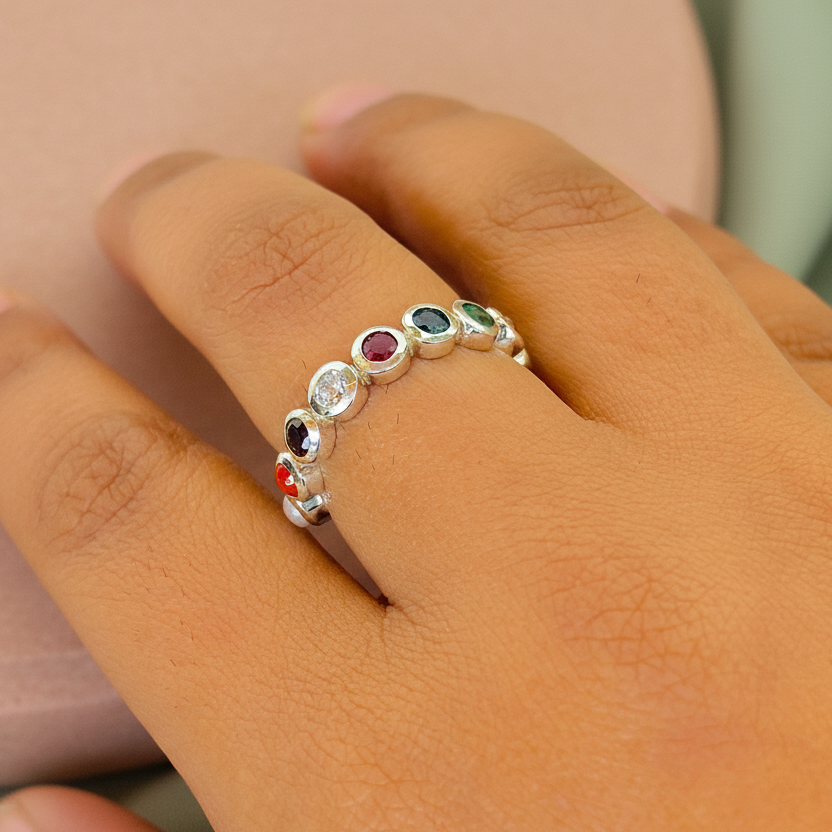 Natural Gemstone Navratan 925 Pure Silver Ring (Certified)