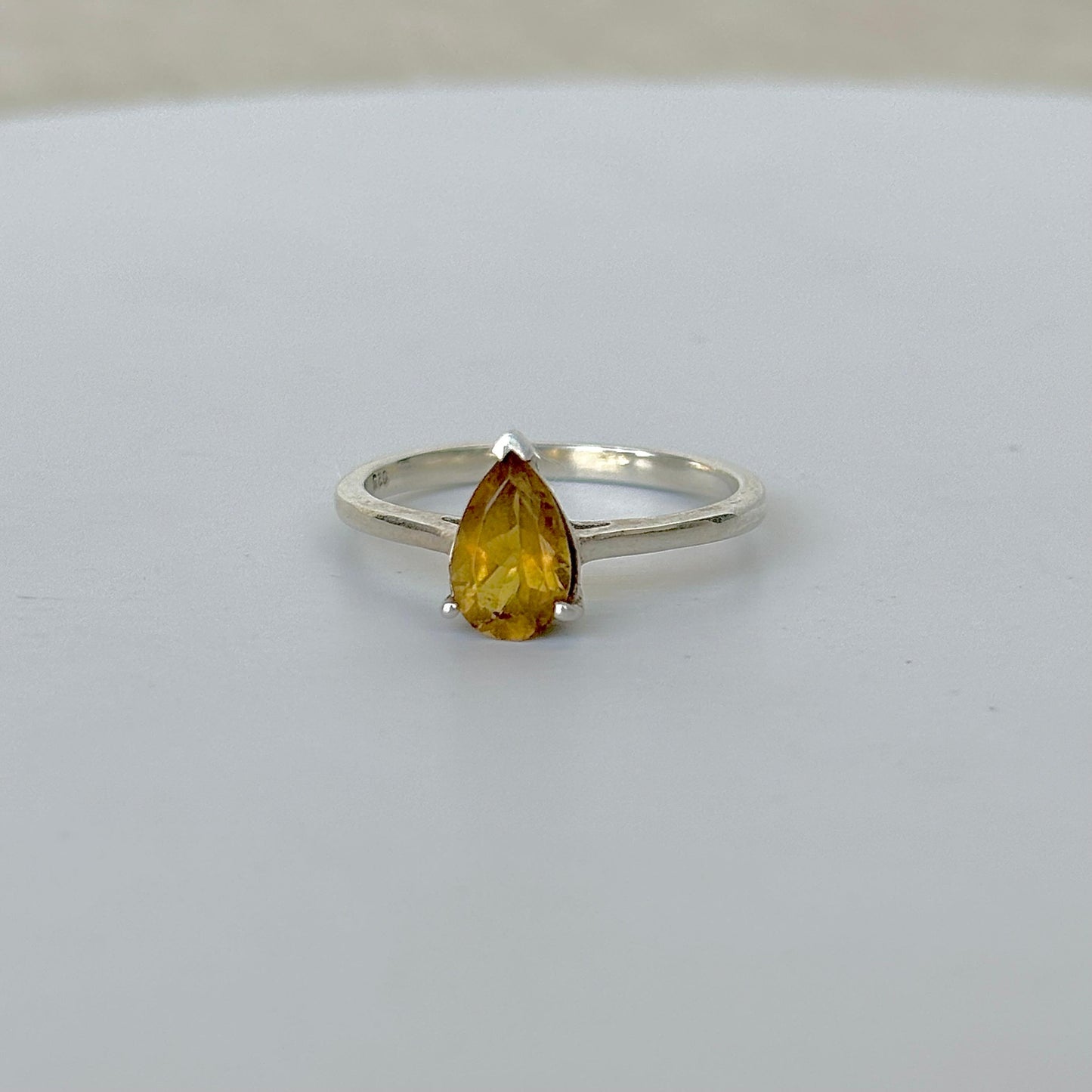 925 Pure Silver Golden Pear Cut Citrine Solitaire Ring