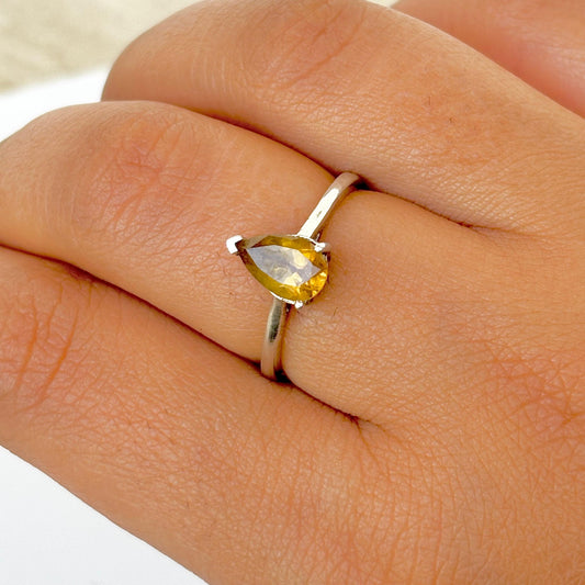 Natural Citrine 925 Pure Silver Golden Pear Cut  Solitaire Ring (Certified)